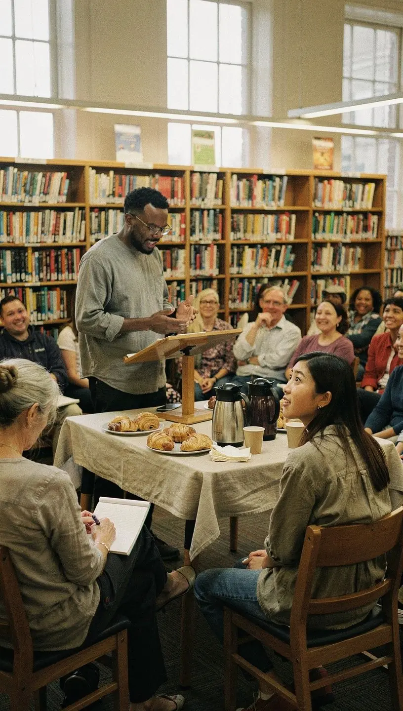 Community expert sharing insights during a workshop with attentive participants in a modern conference room.
